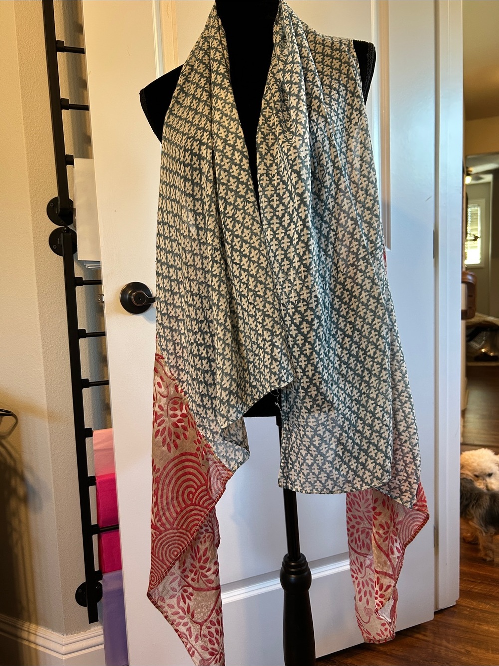 Artisan Two-Tone Floral & Geometric Scarf Vest in Blue and Coral